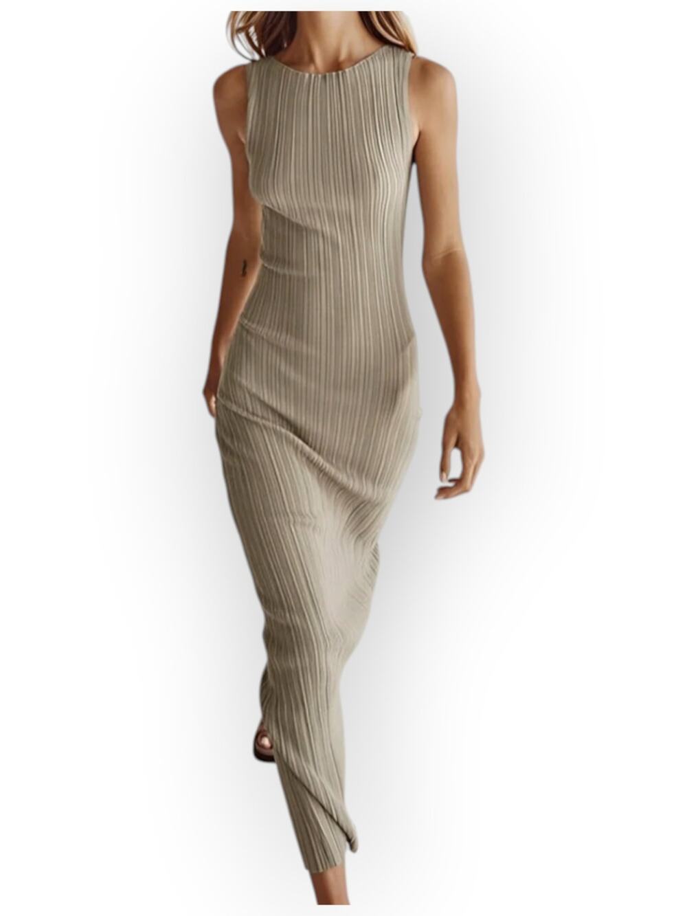 Commense Ribbed Knit Maxi Dress XL Taupe Sleeveless Bodycon Minimalist Modern